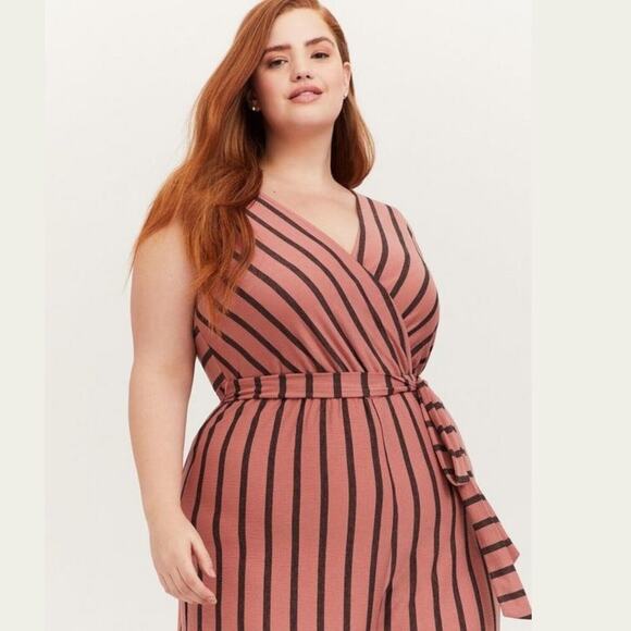 TORRID Textured Knit Wide Leg Jumpsuit Culotte Palazzo Tie Waist Striped Pink 3X - Picture 2 of 13